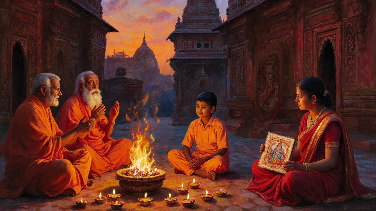 Temple courtyard at dusk with priests, storytellers, and meditators surrounded by diyas