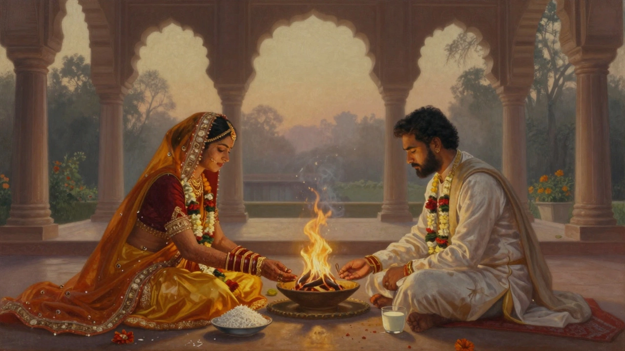 A Hindu wedding ceremony with couple circling a sacred fire, no alcohol present.