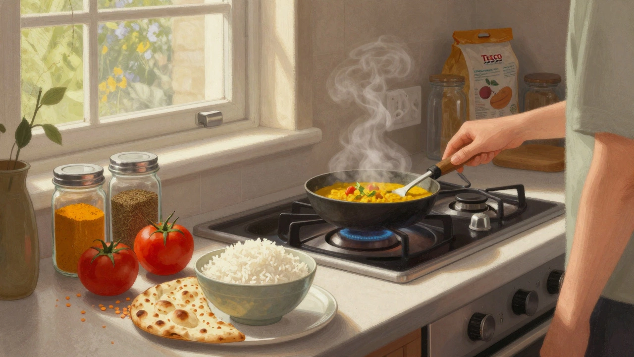 A home kitchen with someone cooking dal using common spices like turmeric and cumin on a stovetop.