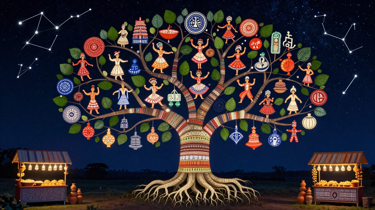 A living tree with roots of folk crafts and branches of classical arts, glowing under a starry sky.