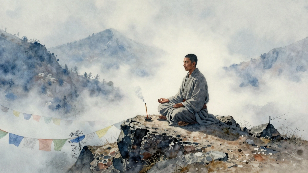 A solitary yogi meditating on a misty Himalayan mountaintop at dawn.