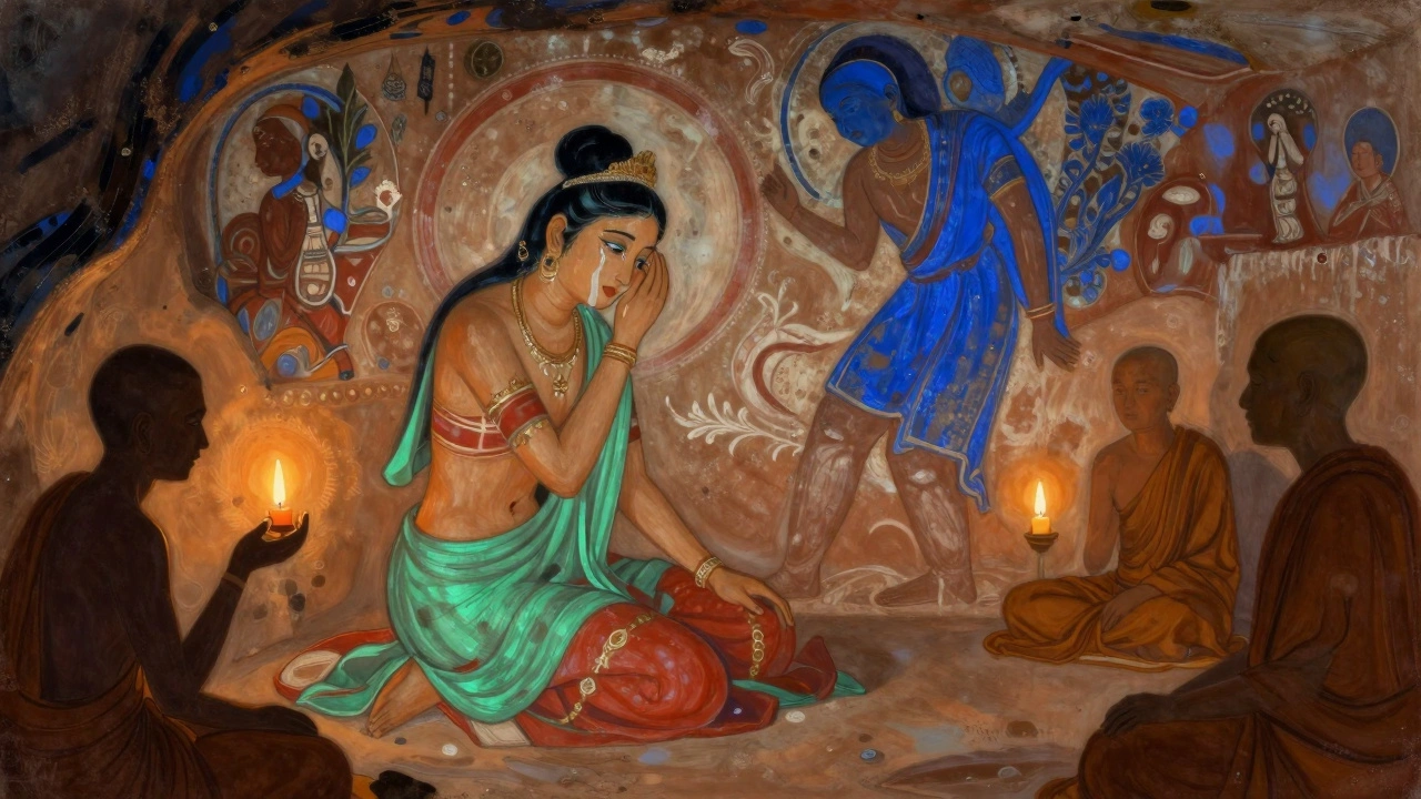 Ancient Ajanta cave painting of a weeping princess and departing lover, natural pigments glowing in dim candlelight.