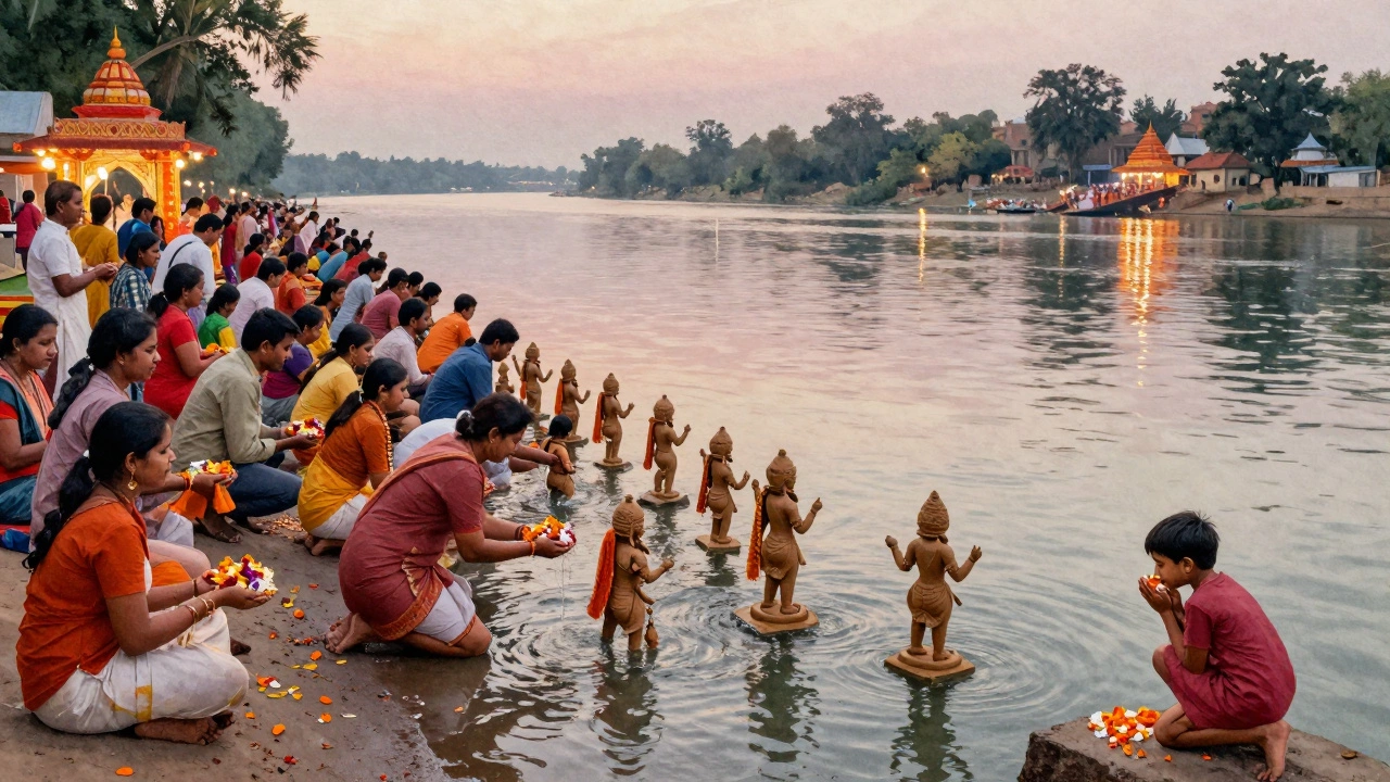 Clay idols being immersed in a river at dawn, with people scattering petals and reflections of lights shimmering on the water.