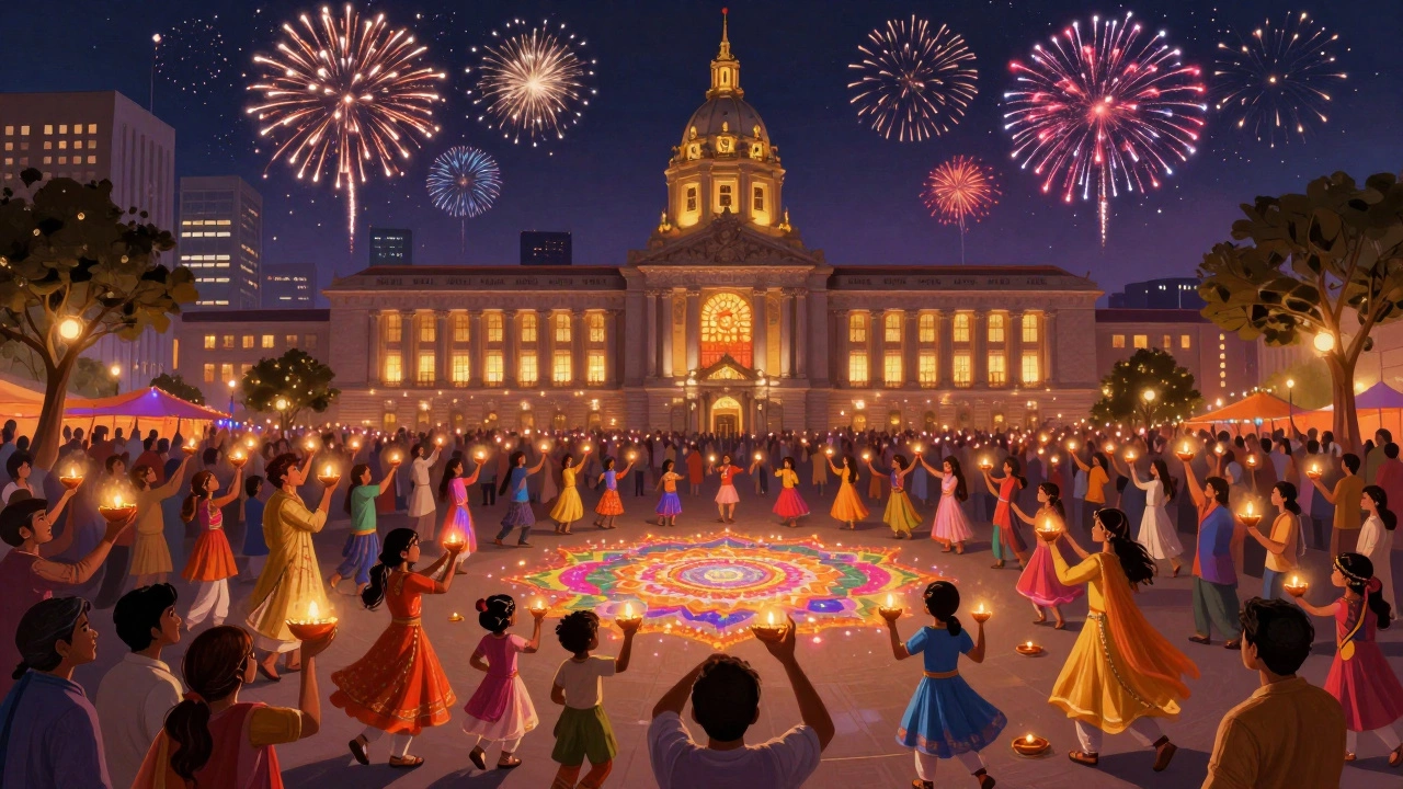 Crowd celebrating Diwali with diyas and fireworks in a major U.S. city.