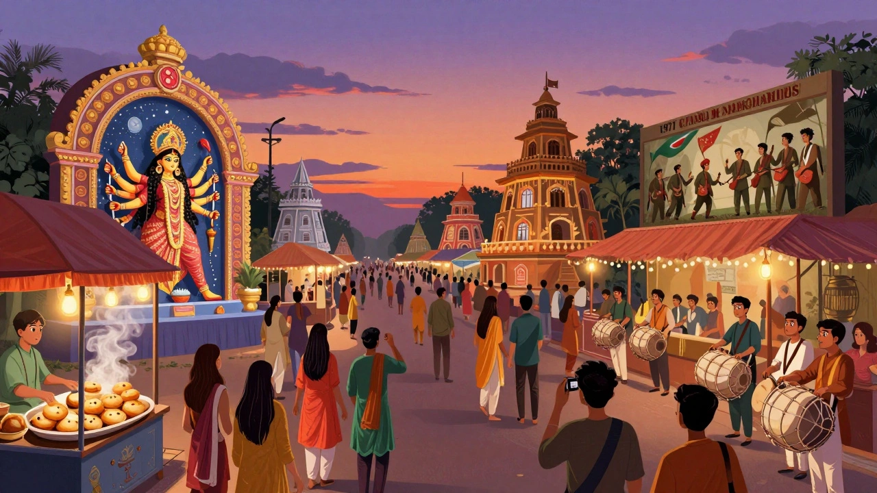 Crowds walking between themed pandals during Durga Puja festival, with food stalls and musicians in the background under twilight skies.