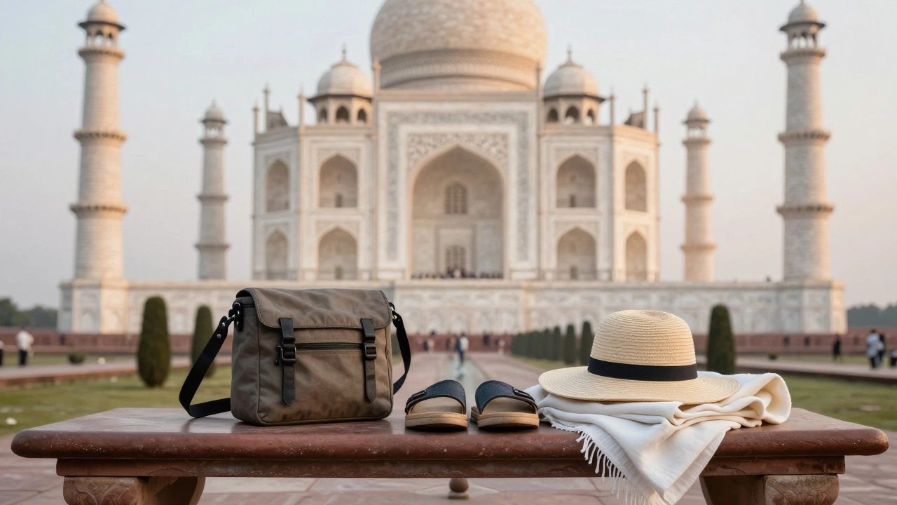 Essentials for visiting the Taj Mahal: sandals, shawl, and hat on a stone bench, monument glowing in dawn light.