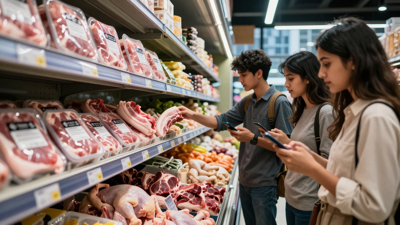 FSSAI-certified pork packages on a chilled grocery shelf alongside other meats in a modern Indian supermarket.