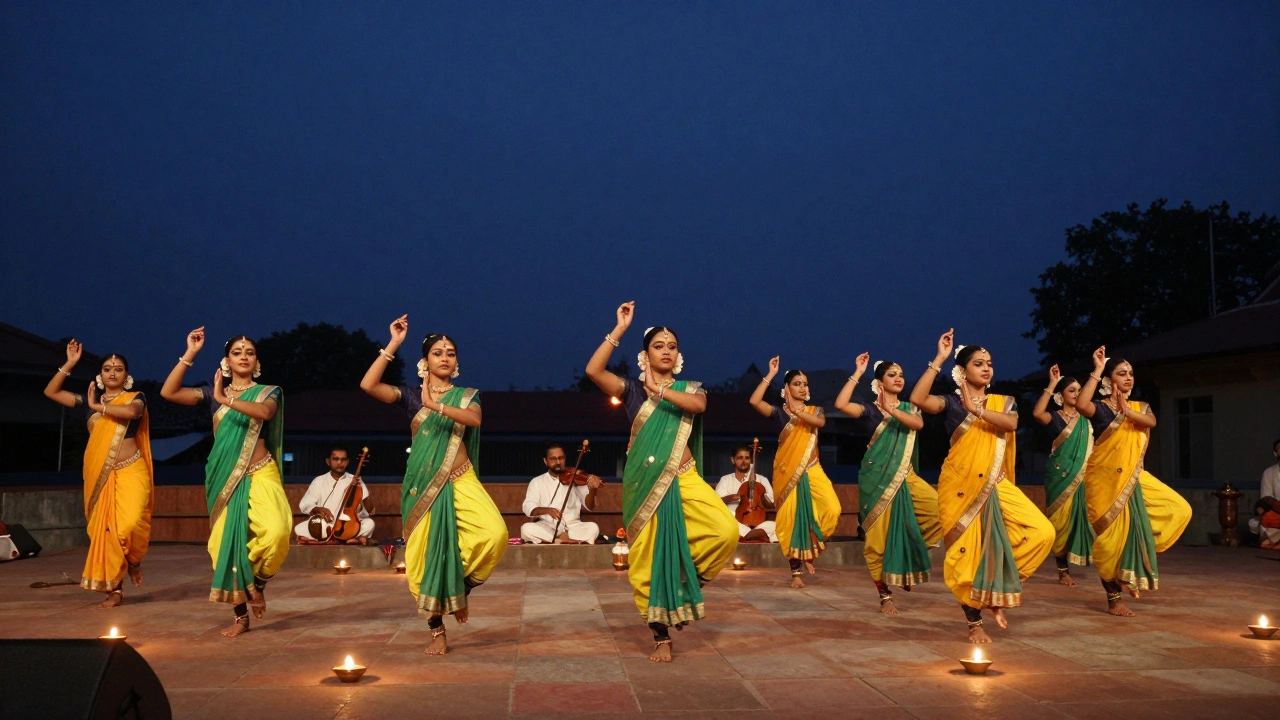 Group of dancers performing the sacred Margam sequence on a temple stage at dusk.
