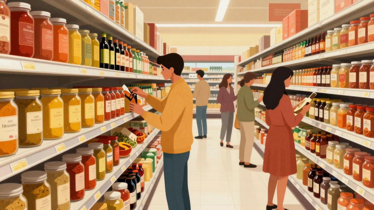 Indian spices displayed alongside common groceries in an American supermarket.