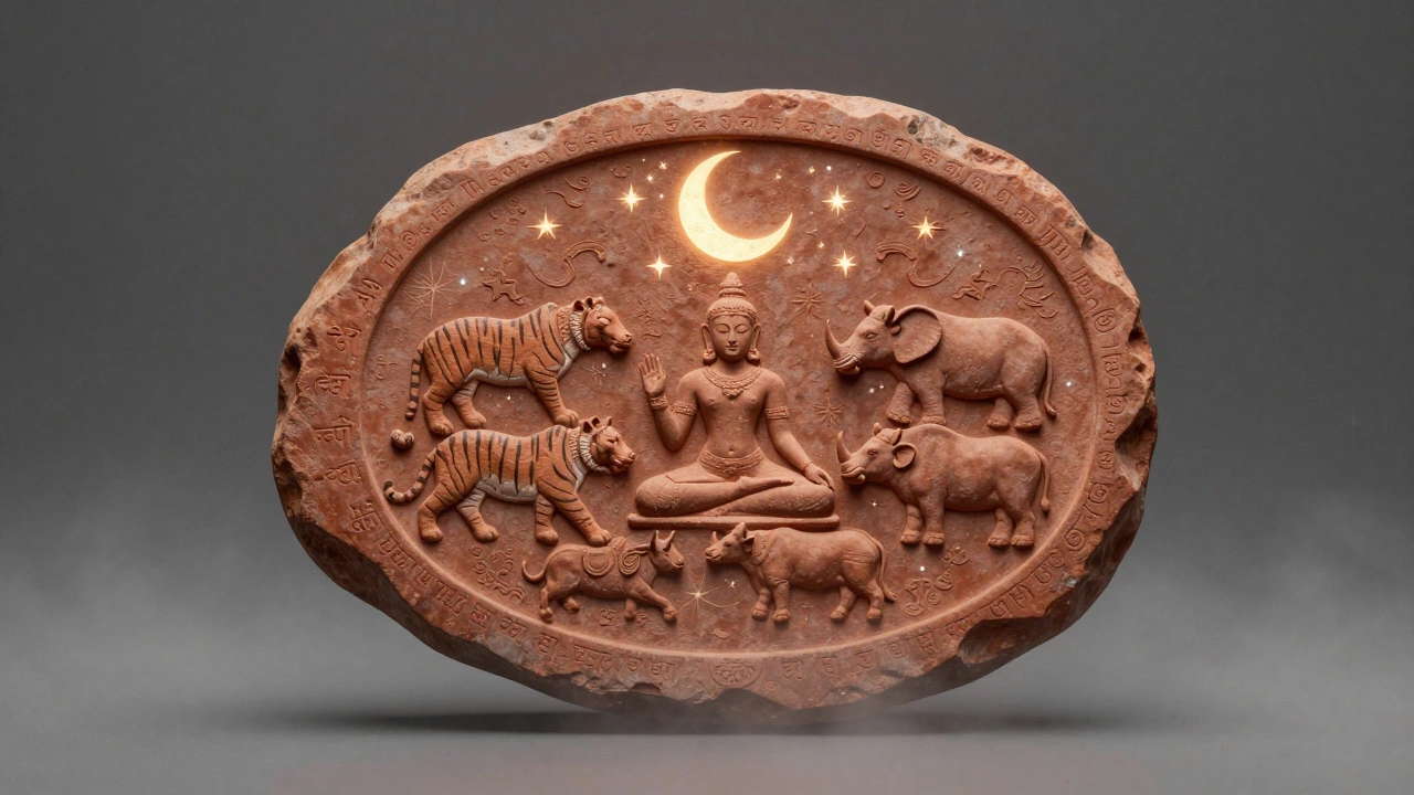 Indus Valley Pashupati seal with yogic figure surrounded by animals, glowing on a stone tablet in misty ancient landscape.