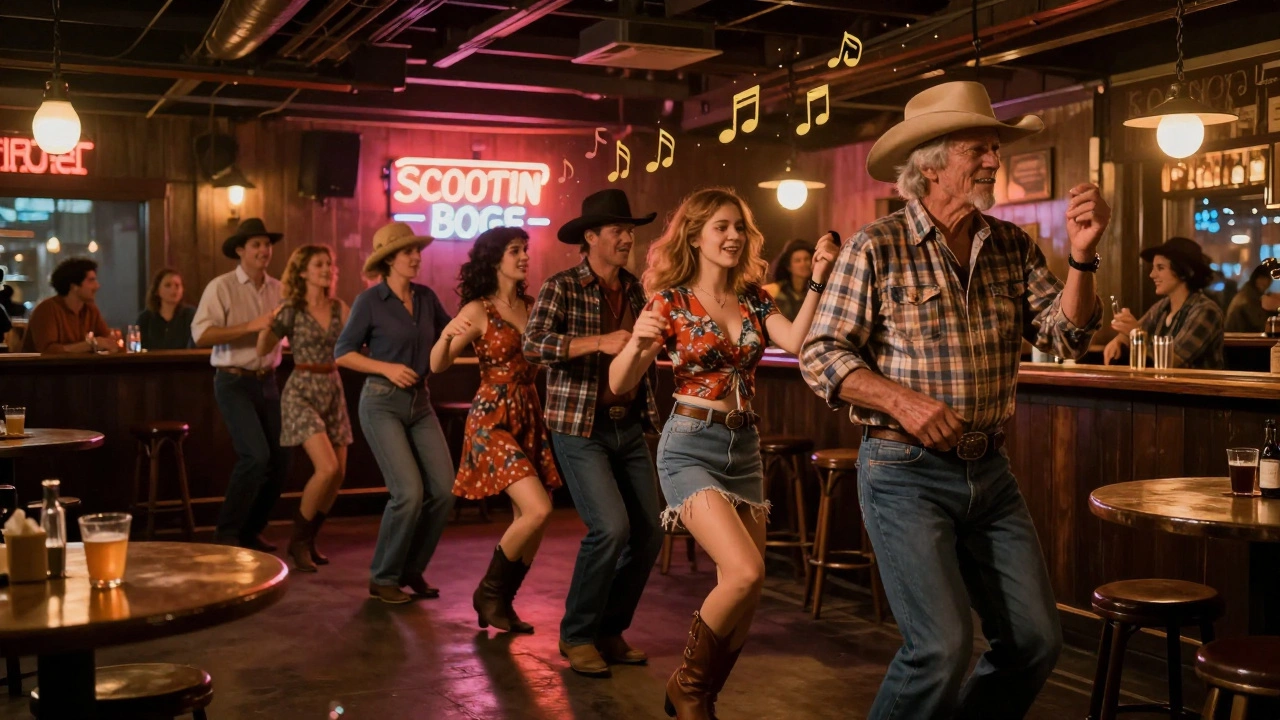 Long line of dancers in a Houston bar performing Boot Scootin’ Boogie, mixed ages stepping together under neon lights.