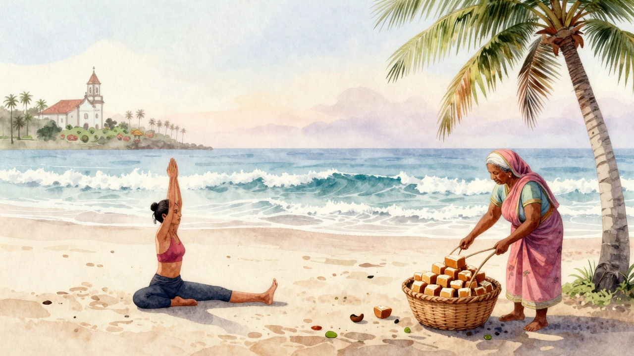 Serene Palolem Beach at dawn with a person doing yoga and a local vendor selling cashew fudge peacefully coexisting.
