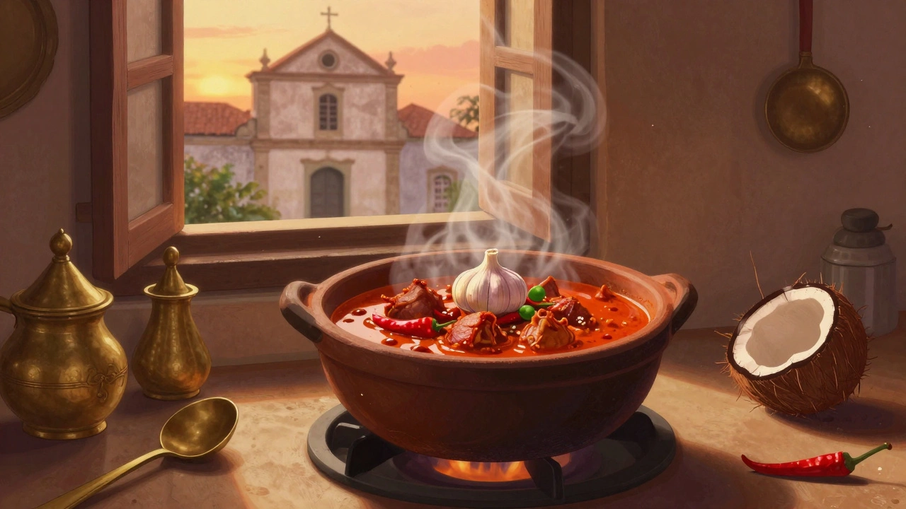 Simmering Goan pork vindaloo in a clay pot with steam rising at sunset.