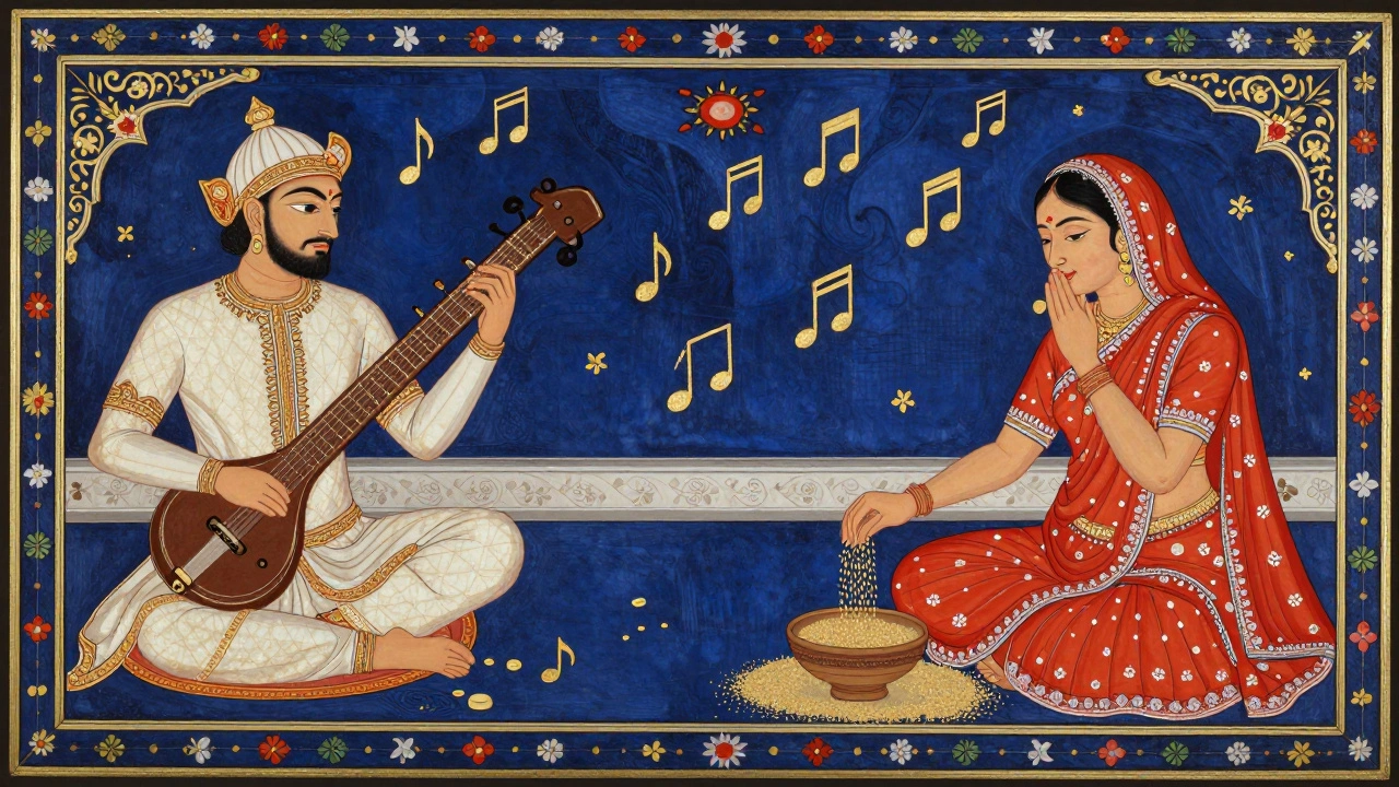 Split scene showing Mughal court musician and rural woman singing the same raga, connected by musical swirls.