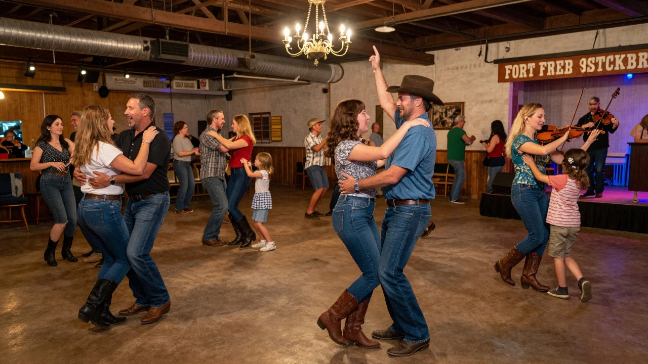 Square dancers in a Fort Worth hall, all ages moving in a circle, caller gesturing, fiddle player on stage.
