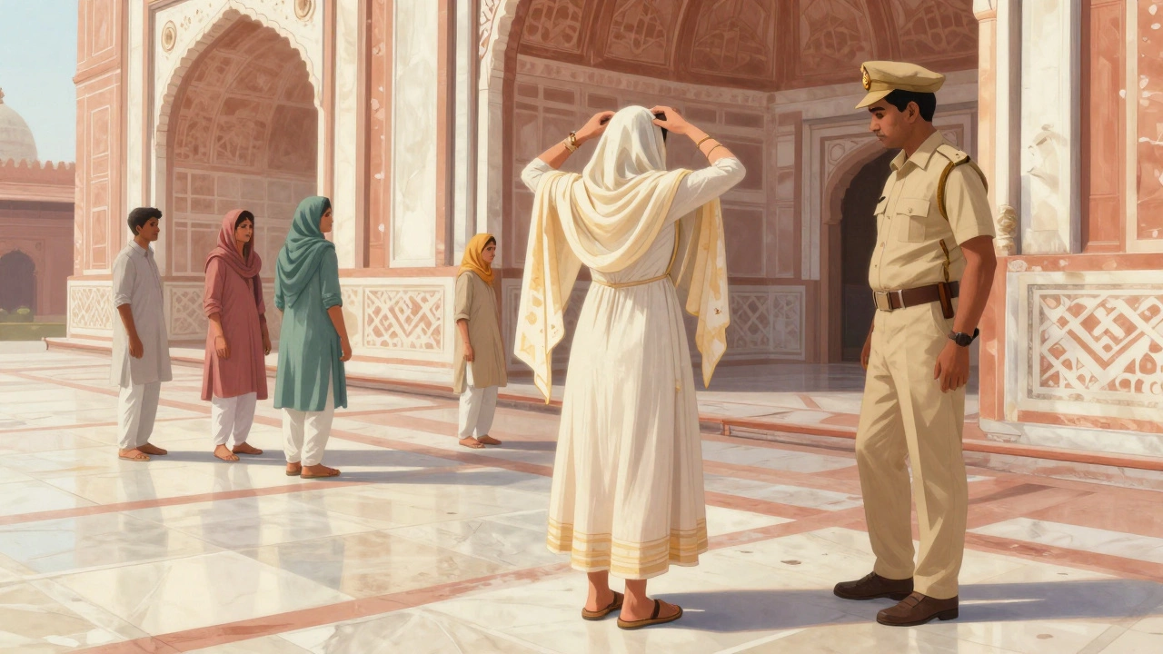 Tourist adjusting a shawl before entering the mausoleum, with Indian families nearby in respectful dress.