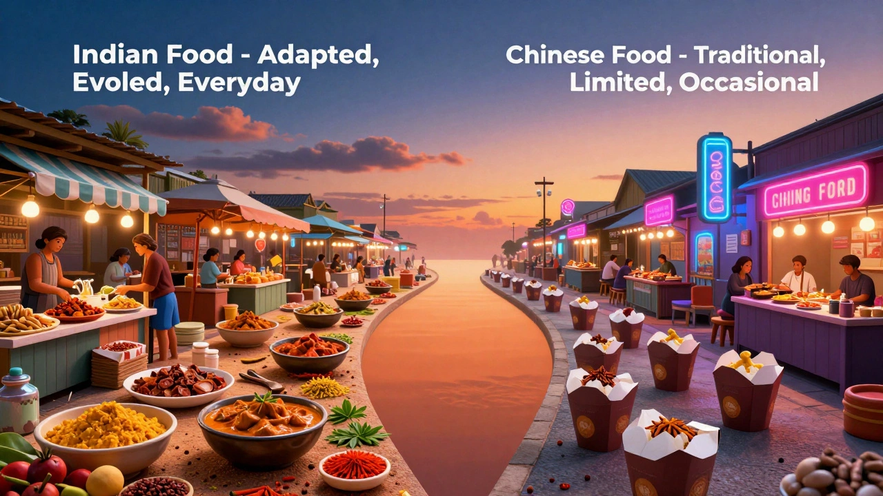 Two symbolic paths representing the global spread of Indian and Chinese food, one vibrant and evolving, the other static and limited.