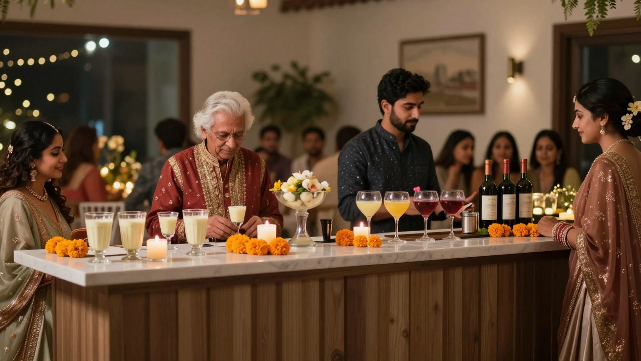 Two wedding bars at a modern Indian reception: traditional drinks and cocktails side by side.