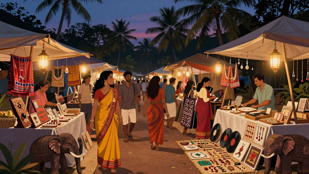 Vibrant Anjuna Flea Market at dusk with handmade crafts, textiles, and diverse visitors browsing under lantern light.