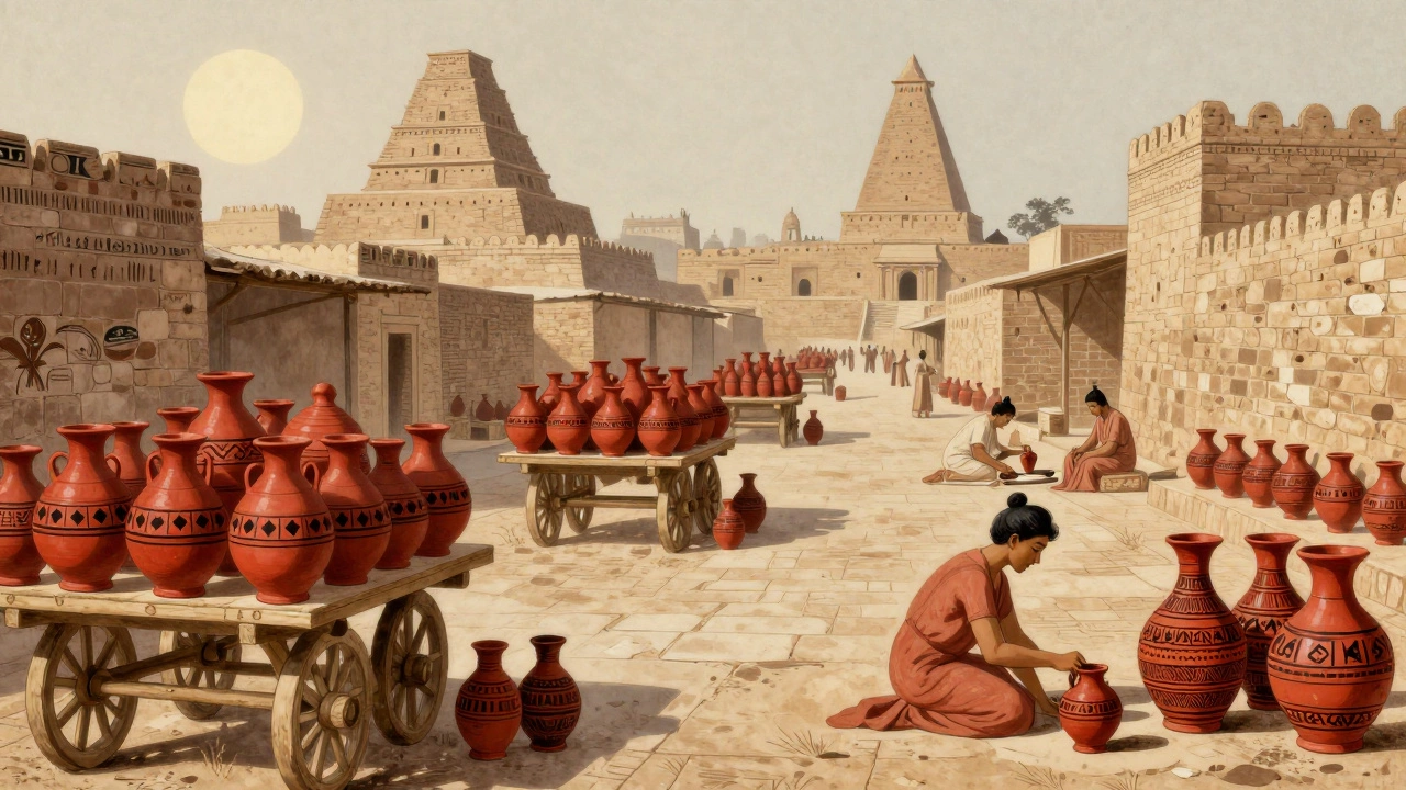 Indus Valley artisans painting geometric designs on standardized red clay pots in a bustling ancient city.