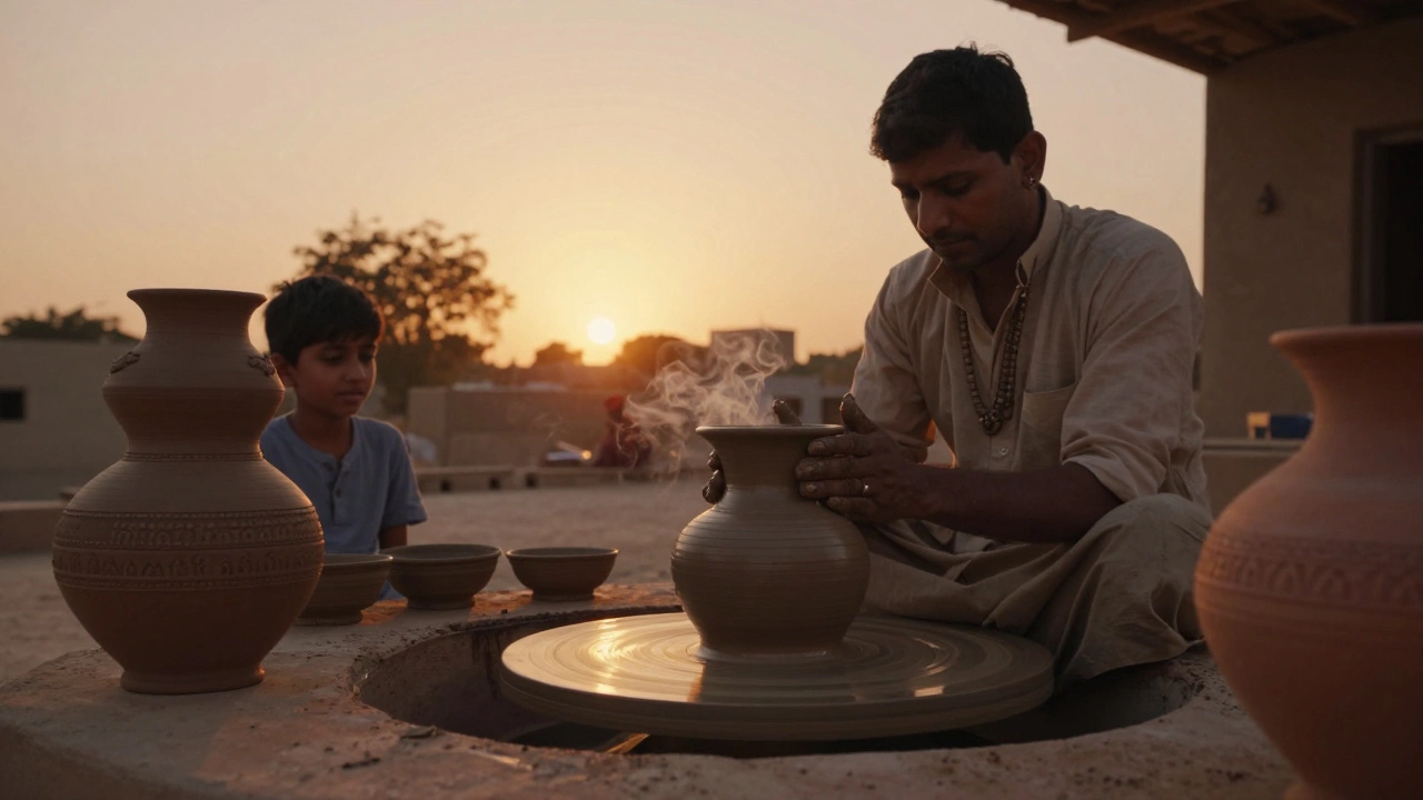 Modern Indian potter crafting clay vessels at sunset, a child watching as smoke rises from a traditional kiln.