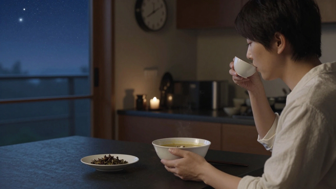 Someone drinking warm soup at dusk with a clock showing 6:30 p.m. and a starry sky visible through the window.