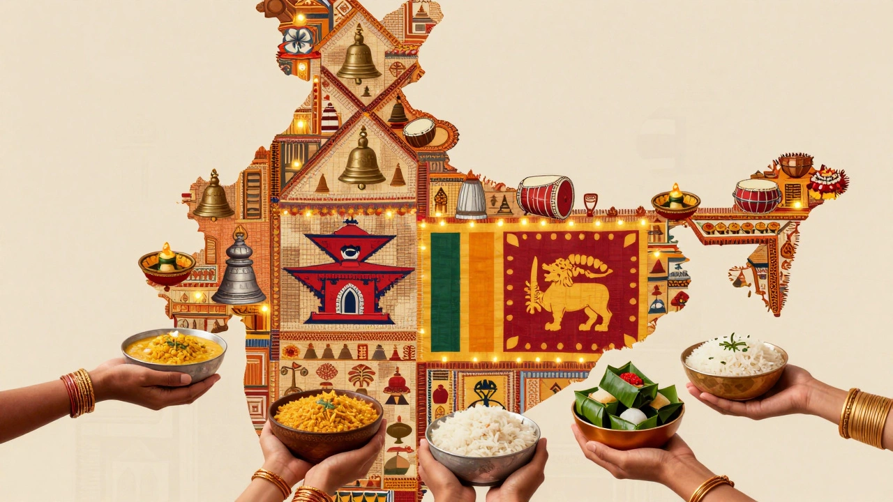 South Asian cultural tapestry showing shared rituals like food, music, and festivals across borders.