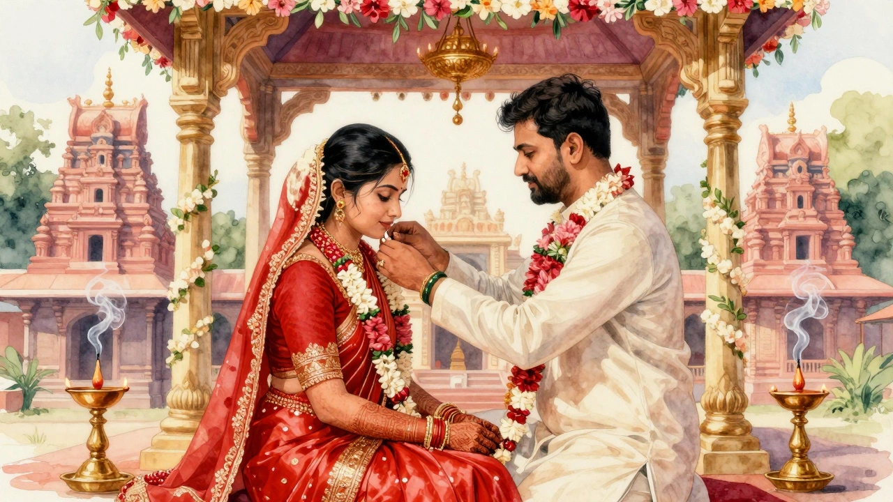 Tamil bride in red saree with henna hands, being tied with thali during a wedding under a floral mandap.