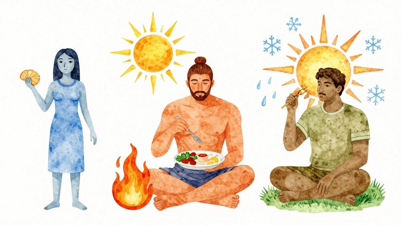 Three symbolic figures representing Vata, Pitta, and Kapha doshas with seasonal and time-of-day elements.