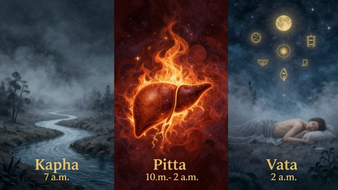 Three symbolic phases of night: calm Kapha, fiery Pitta, and airy Vata in a cosmic landscape.