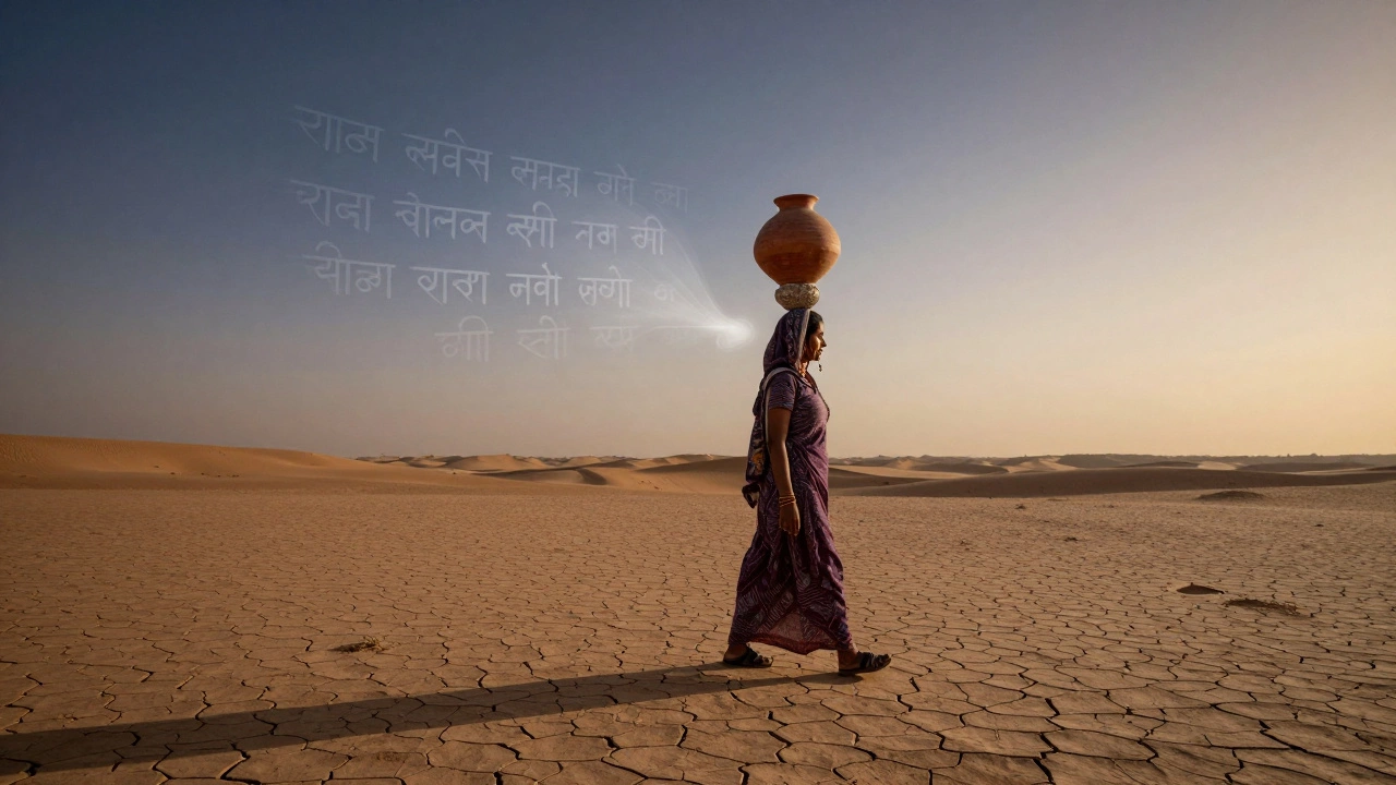 Woman carrying water pot in Rajasthan desert, ghostly lyrics rising from her
