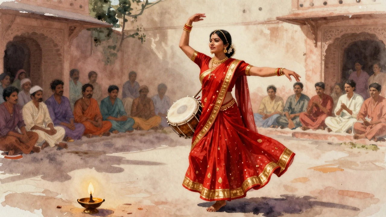 Woman performing Lavani dance in a courtyard with oil lamp and drum