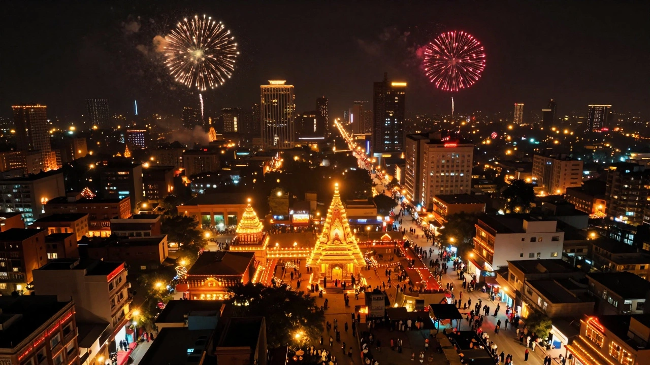 A citywide view of Diwali at night, with millions of lights and fireworks illuminating buildings and streets in a breathtaking glow.