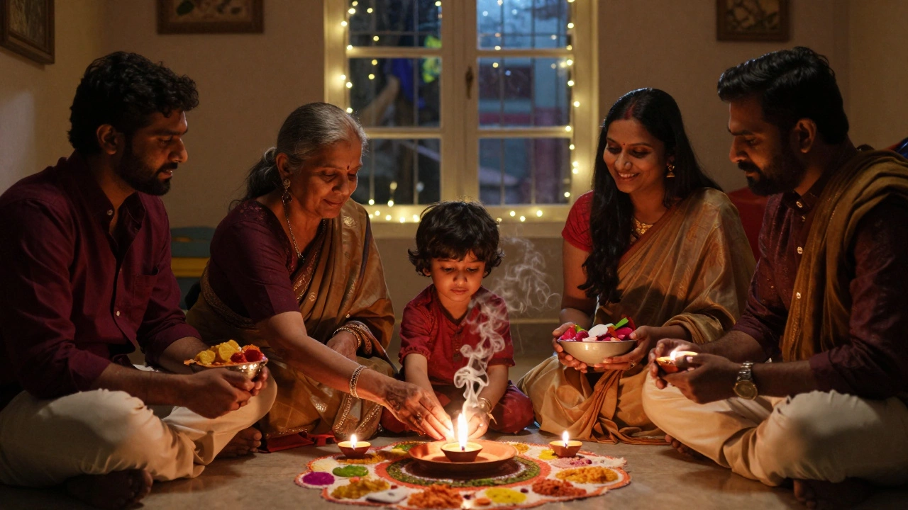 A family lighting diyas together at home, with incense rising and sweets nearby, as warm candlelight illuminates their faces.