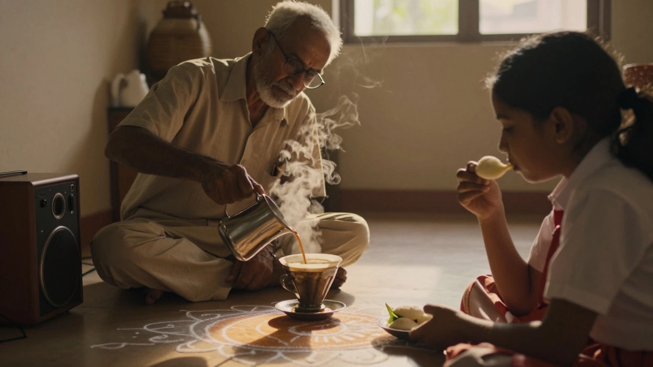 A man pouring filter coffee at dawn in a Chennai home, with Kolam patterns and a young girl eating idli in the background.