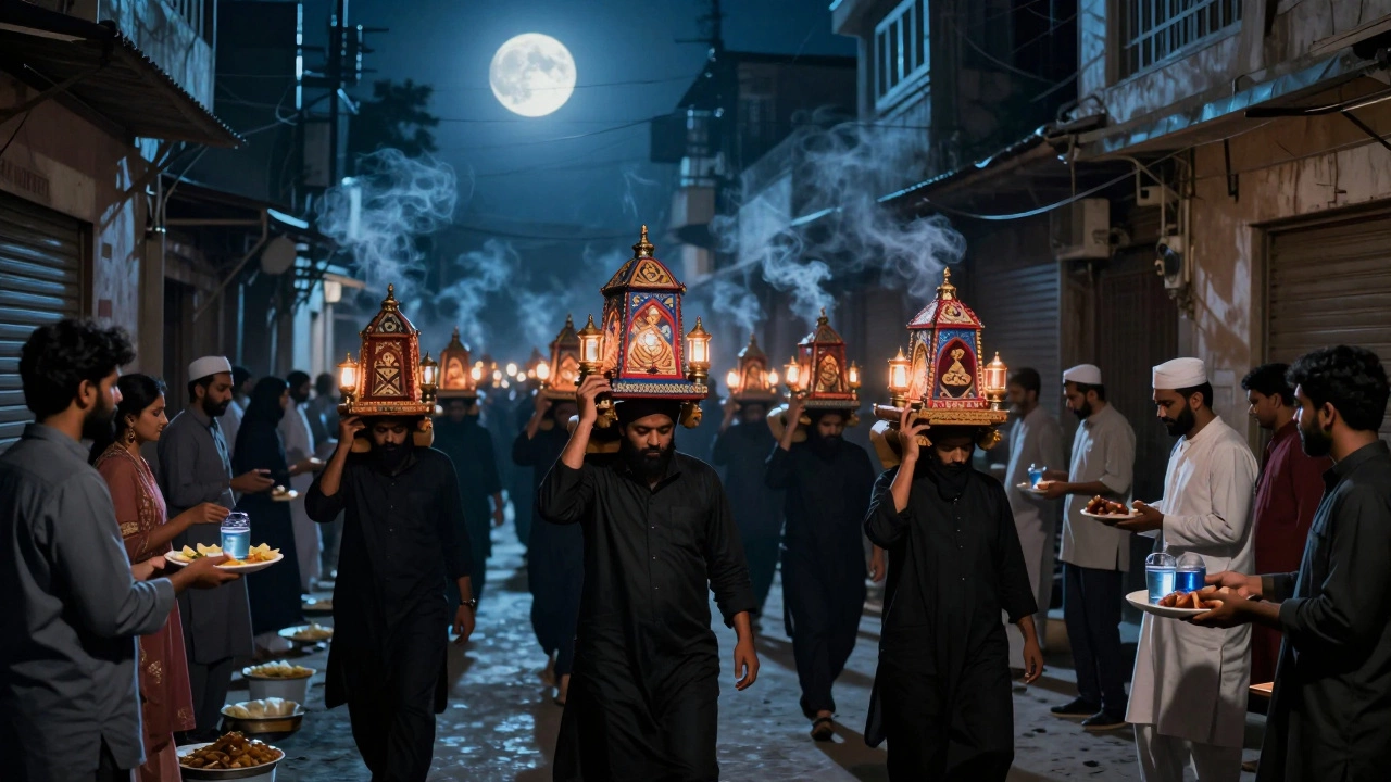 A solemn Muharram procession with taziyas passes through narrow streets as people of different faiths offer food and water.