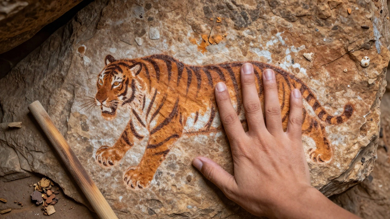 Close-up of an ancient handprint next to a tiger painting on cave rock.