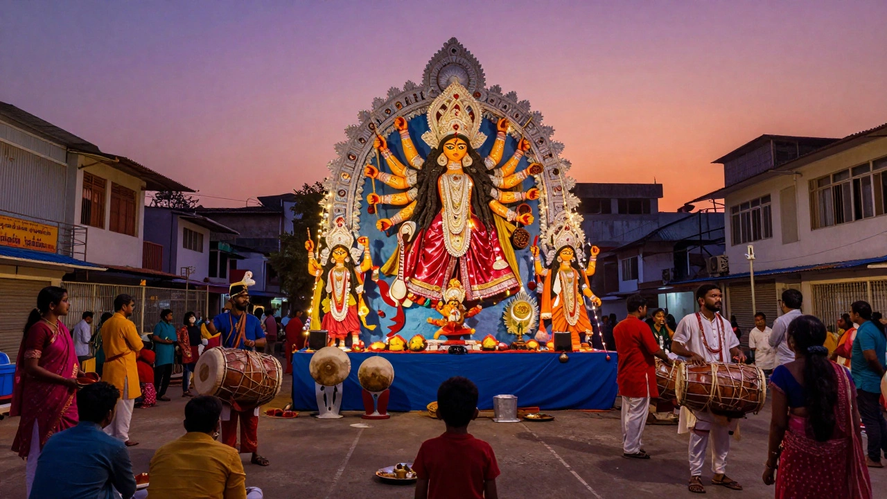 Devotees gather around ornate Durga Puja pandals as idols are prepared for immersion, surrounded by lights and music.