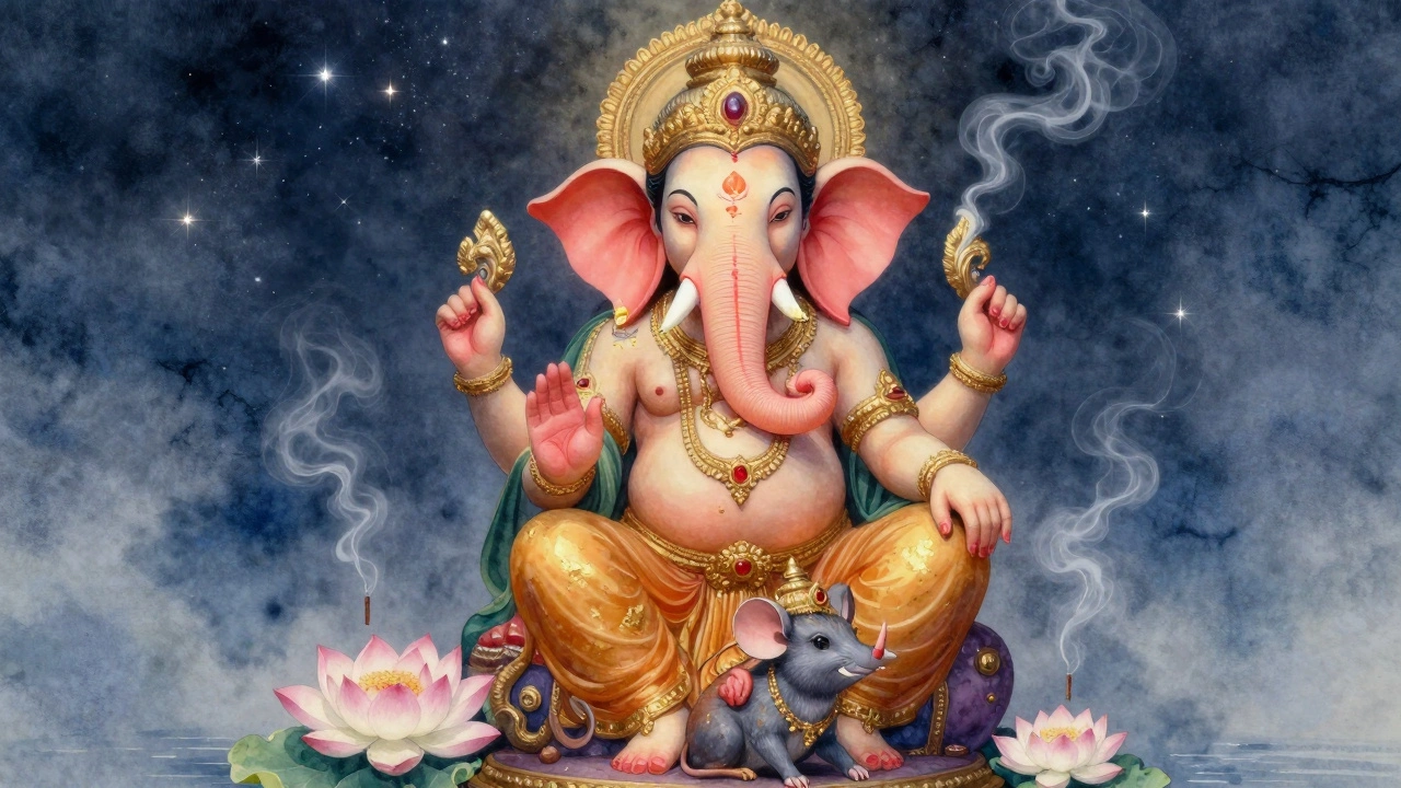 Ganesha with elephant head riding a mouse, trunk curled around a sweet, surrounded by lotus flowers and incense smoke.