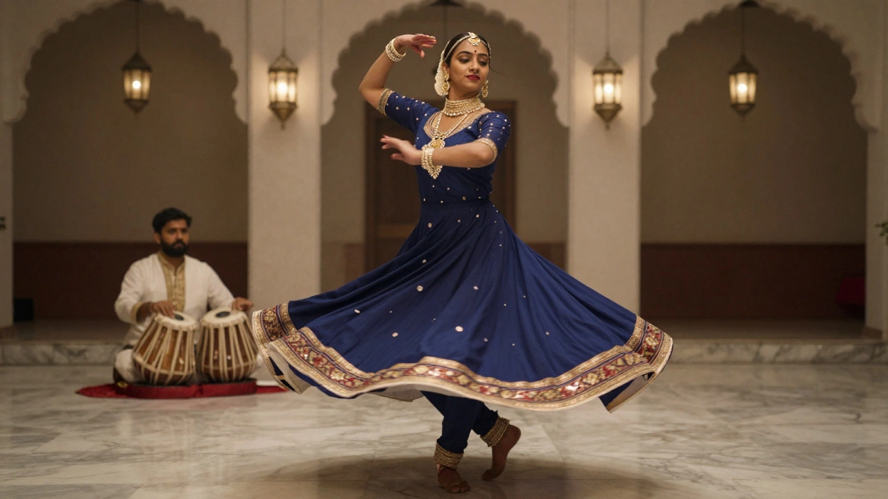 Kathak dancer spinning gracefully in a royal court, flowing skirt and delicate jewelry catching ambient light.