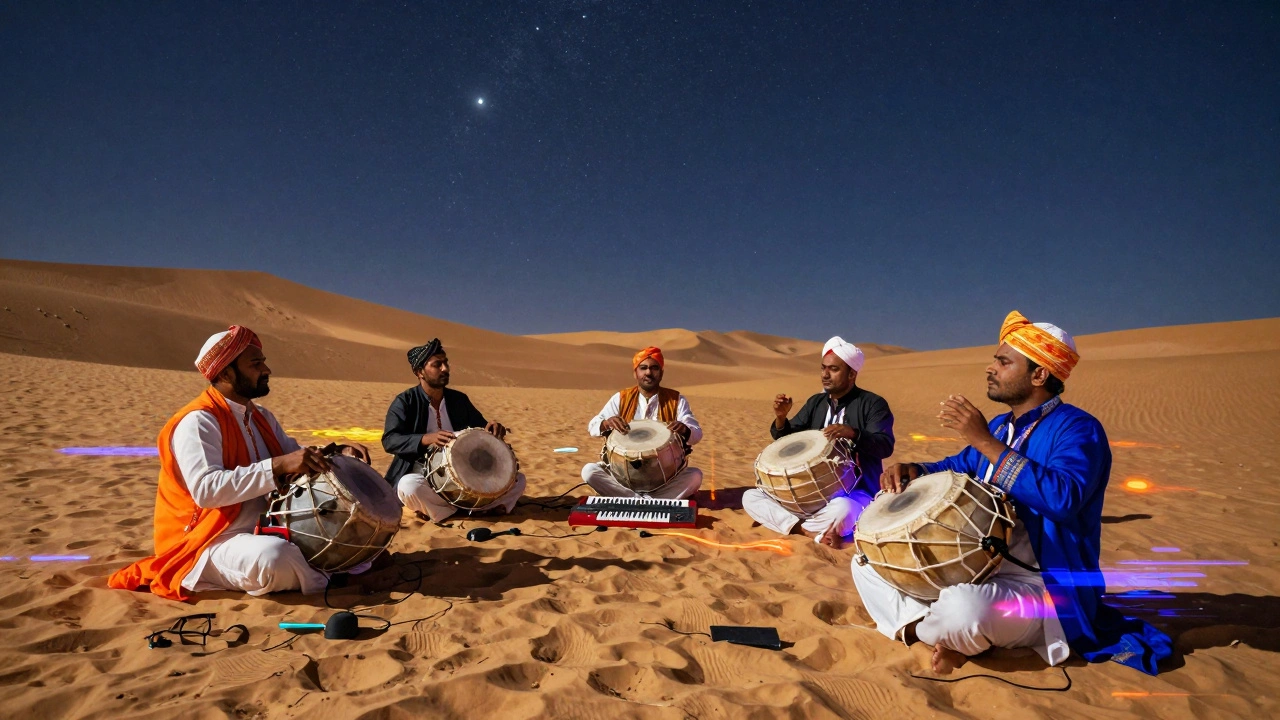 Manganiyar musicians blending traditional rhythms with electronic music under desert stars