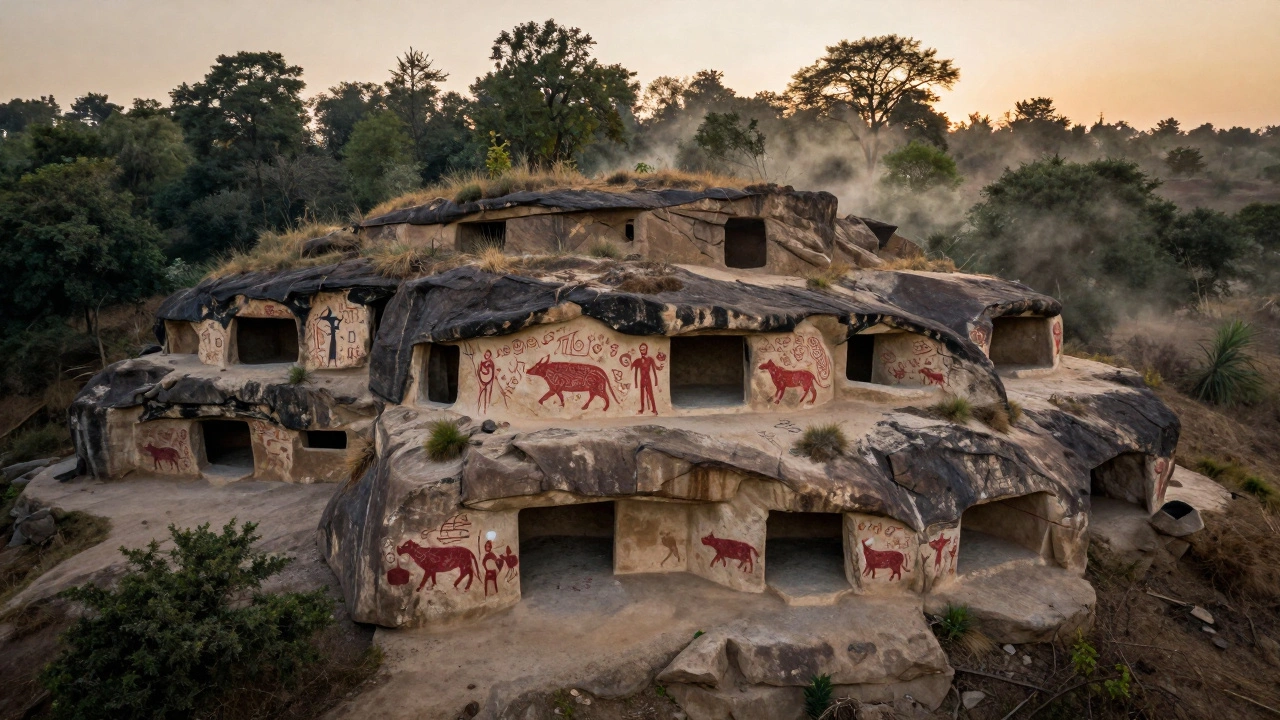 Rock shelters in the Vindhya Hills with prehistoric murals under golden sunlight.