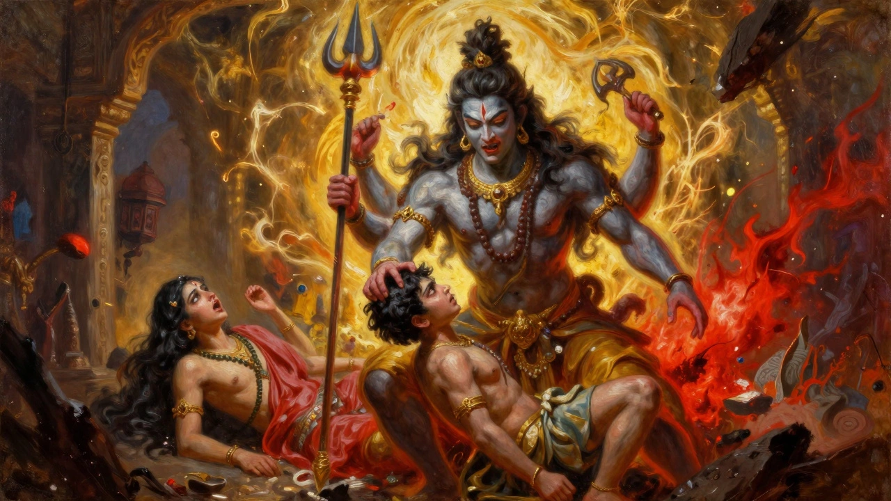 Shiva severing the boy's head as Parvati collapses in grief, golden and crimson light filling the scene.