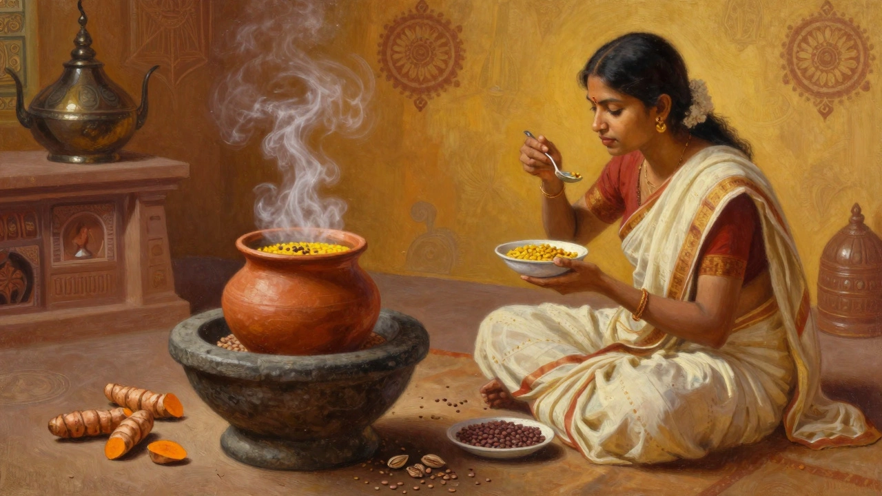 Woman eating a spiced meal at noon in a traditional Indian kitchen