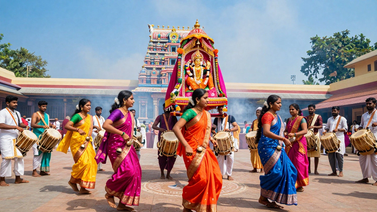 Women dancing barefoot in silk sarees during a Mariamman festival procession, with drummers and a decorated palanquin.