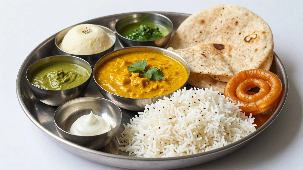 A traditional Gujarati thali with dal, rice, roti, chutney, and shrikhand arranged in balance.