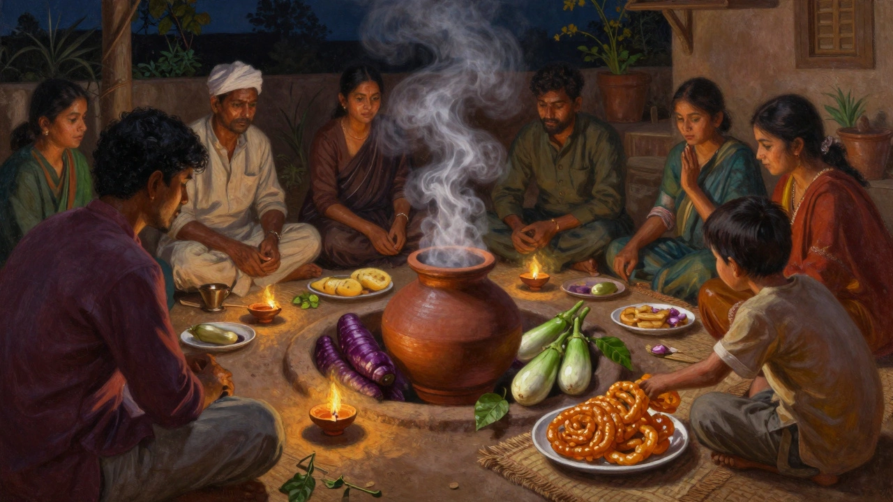 Family gathering around a buried clay pot cooking undhiyu during winter, lit by oil lamps.