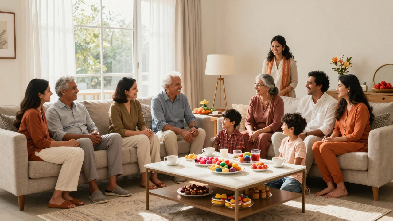 Mixed-faith family celebrating holidays together indoors