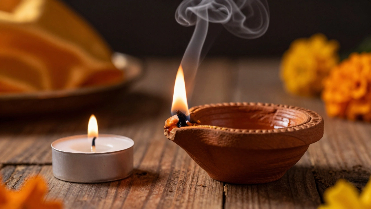 Oil lamp and candle side by side on wooden altar