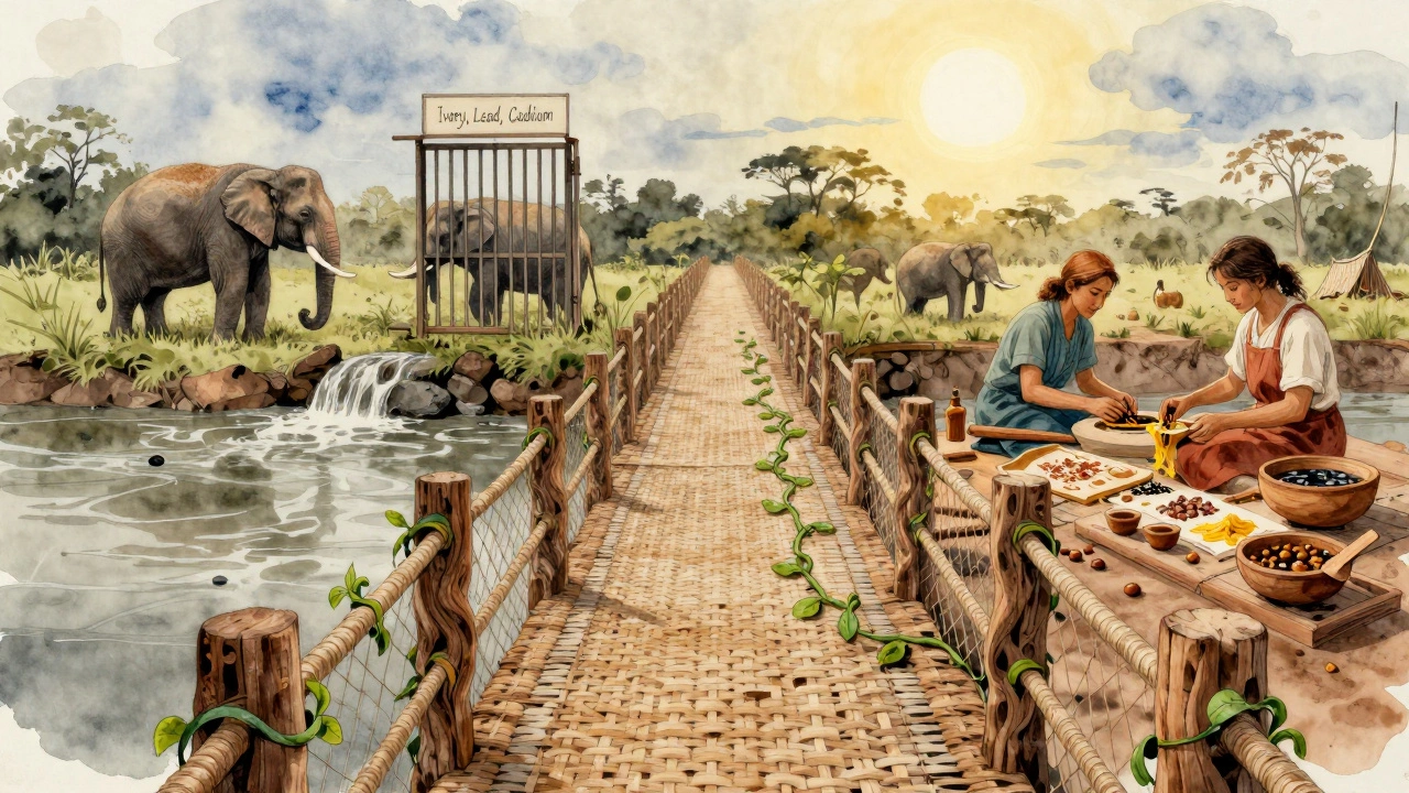 Symbolic bridge connecting banned handicrafts to sustainable alternatives under a sunlit sky.